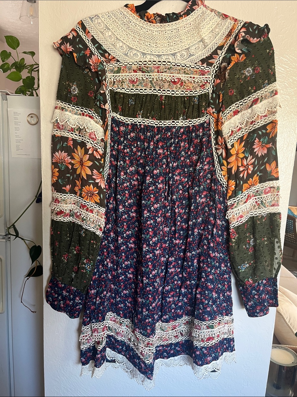 FARM Rio Mixed Floral Lace-Trim Long Sleeve Dress - Green, Navy & Orange